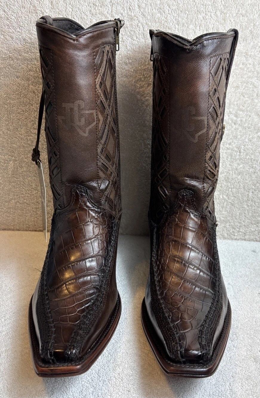 Texas Country Brown Caiman Embossed Long Toe Side Zip Cowboy Boots Mens 7 Mex 26